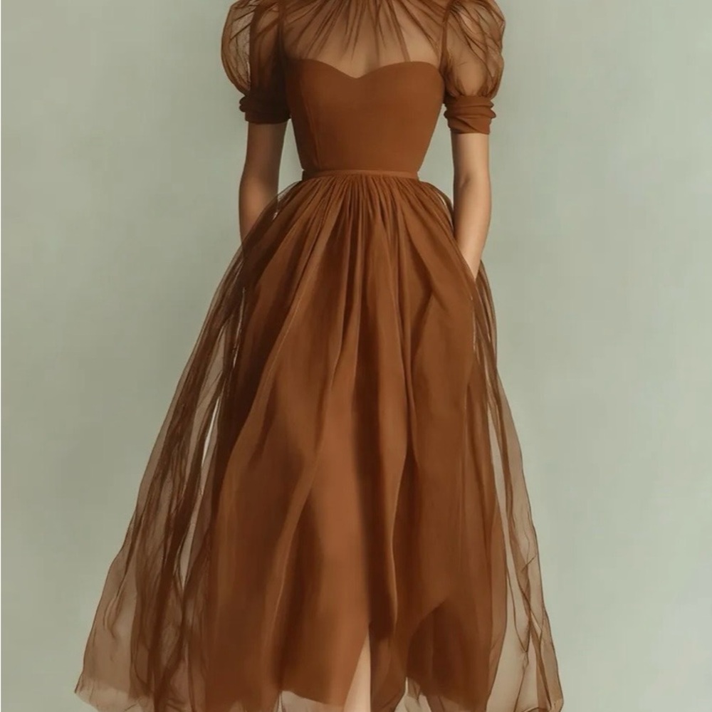 Romantic Brown Midi Tulle Dress with Puff Sleeves